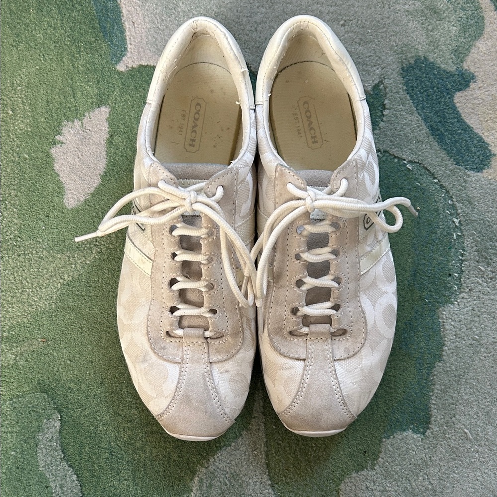 COACH Cream Kathleen Canvas + Suede Sneakers Size 8 - Picture 4 of 10